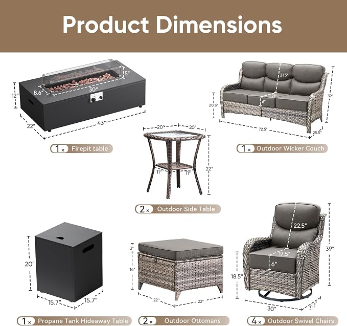 HUMMUH Luxury Patio Furniture Set 6-inch Thick Cushions High Back Swivel Rocker Chairs & 3 Seater-Couch & Steel Fire Pit Table 11 Pieces Outdoor Conversation Set for Porch,Deck,Backyard