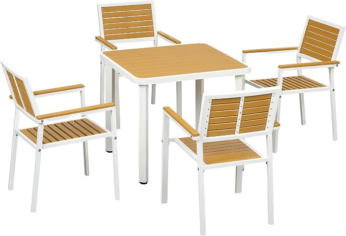 Outsunny 5 Piece Outdoor Dining Set for 4, Waterproof HDPE Patio Table and Chairs with Umbrella Hole, Aluminum Frame Outdoor Patio Dining Furniture Set for Backyard, Garden, Yellow