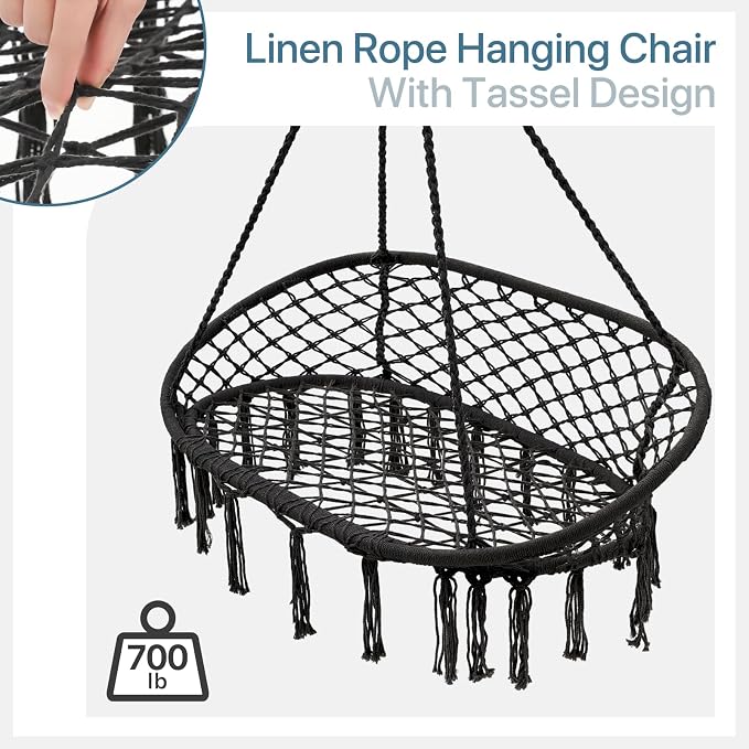 Double Hammock Chair for Indoor & Outdoor Use, Durable Woven Cotton Ropes & Iron Frame, Comfortable Seating for Patio Garden and Porch, 700 lbs Capacity, Black