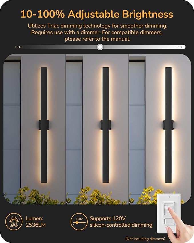 EDISHINE 47.2" LED Outdoor Wall Lights, 3CCT & 10%-100% Dimmable, IP65 Waterproof, Modern Exterior Lighting Fixtures, Linear Long Exterior Wall Light for House, Yard, 2 Pack, Black