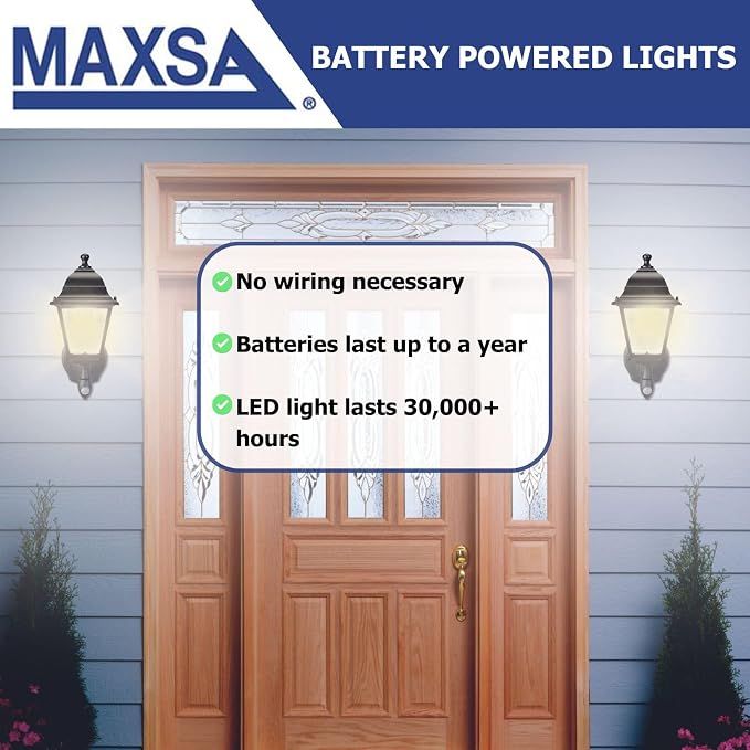 MAXSA 43319-RS Battery-Run Motion-Activated Outdoor Metal Sconce Black | Metal and Glass Battery-Powered No Wiring, 13x8.5x6" Motion Operated, Screw into Wall, Black Warm White LEDs Amazon Exclusive