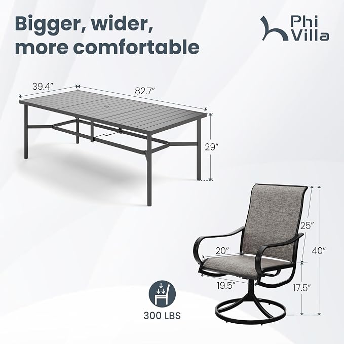 PHI VILLA 9 Piece Outdoor Dining Set, 82'' Metal Table & Brown Swivel Chairs