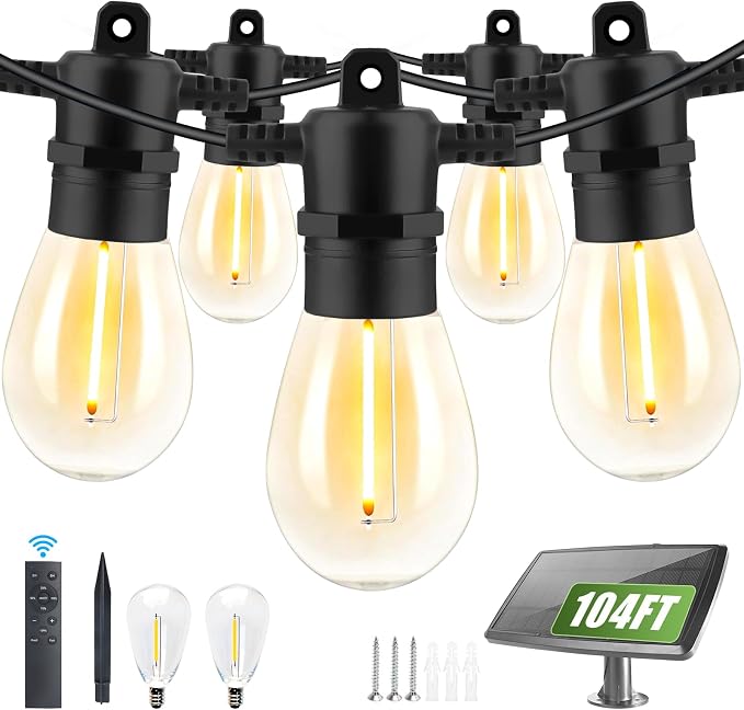 Yusist 104FT(98+6) Solar String Lights Outdoor Waterproof, Solar Powered Patio Light with 30+2 Dimmable S14 Edison Bulbs Shatterproof & Remote Control, Solar String Lights for Outside Garden Backyard
