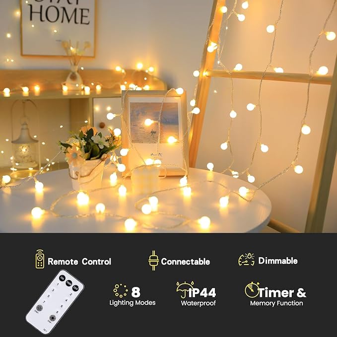 RaThun Globe String Lights Plug in 116 Ft. 200 LED 8 Modes with Remote,Waterproof Fairy String Lights for Indoor Outdoor Bedroom Party Wedding Garden Christmas Tree Decor,Warm White | 200 LED Fairy Lights with Timer, 8 Modes, 16ft Extended Lead, Plug i...