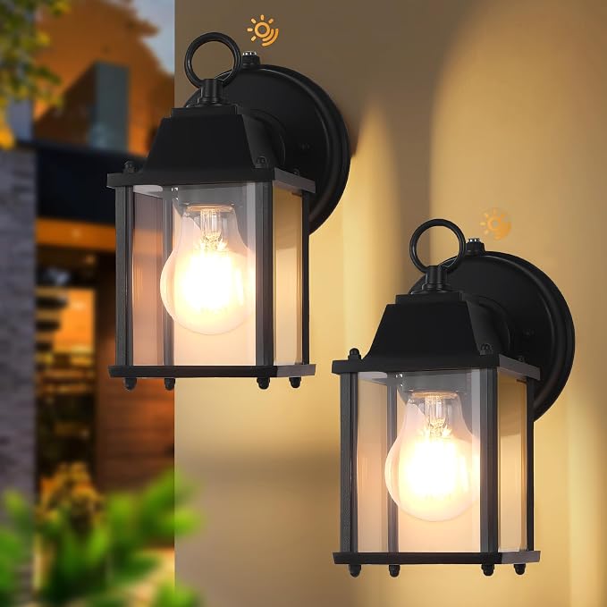Dawn to Dusk Sensor Outdoor Wall Light Fixtures Waterproof Porch Lights Anti-Rust Black Exterior Lighting Fixtures Outdoor Wall Lantern for House -2 Pack