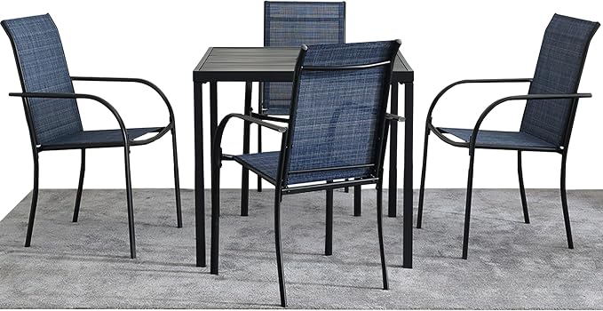 5-Piece Outdoor Dining Set, 35.5" Square Metal Patio Table with Dark Blue Chairs, Black Table with Umbrella Hole for Garden, Yard, Patio