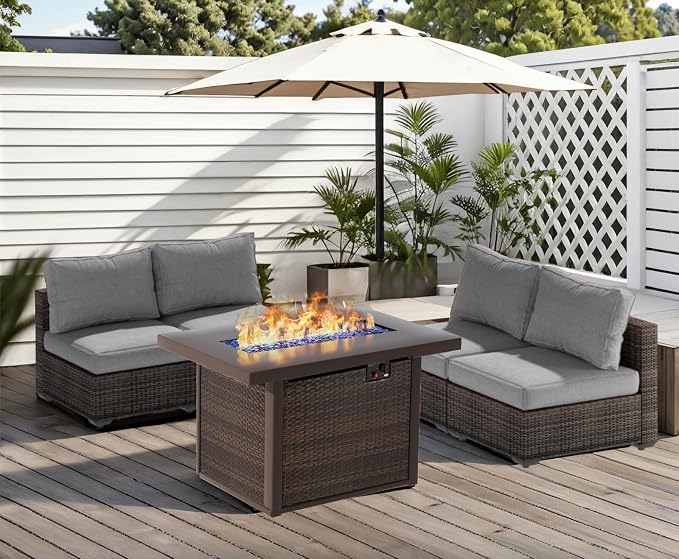 5 Piece Patio Furniture Set with Fire Pit Table, Outdoor Sectional Sofa PE Rattan, Patio Conversation Sets with Cushions for Garden Lawn Balcony Porch Deck Grey