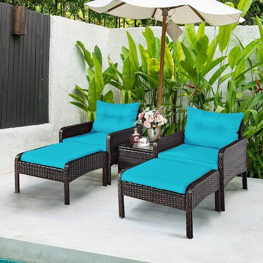 COSTWAY 5 PCS Patio Rattan Furniture Set, Outdoor Cushioned Sofa with Ottomans and Coffee Table, Wicker Conversation Set for Backyard Porch Lawn Poolsid, Turquoise