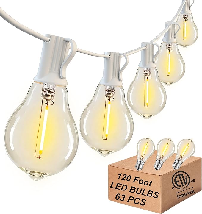 White Outdoor String Lights 120FT Waterproof Lighting for Patio Wedding | 2FT Bulbs Spacing,120FT Connectable White Outdoor Lights with 63 Plastic Dimmable LED Bulbs for Garden Bistro Balcony Party