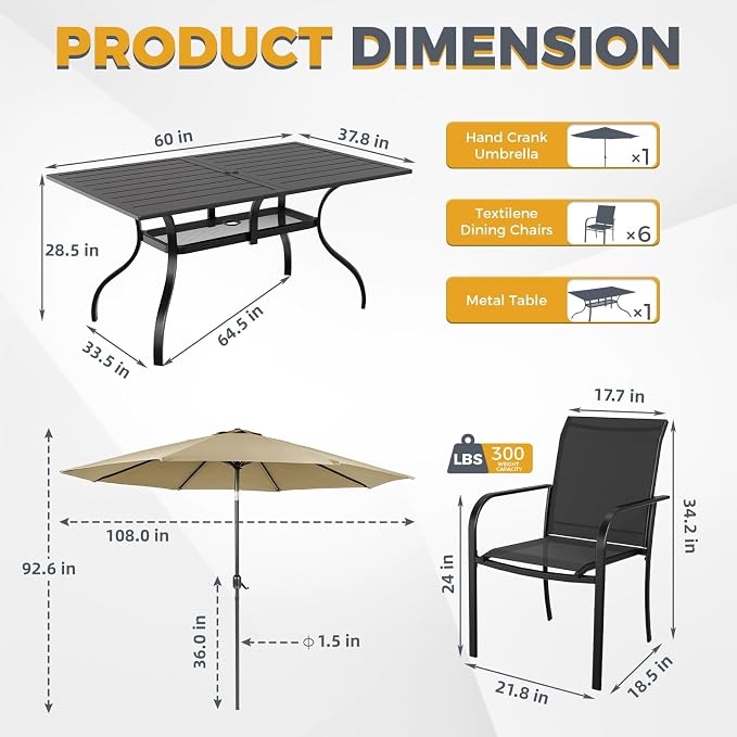 Incbruce 8 Pieces Patio Dining Set with Brown Umbrella, Outdoor Dining Set of 6 Textilene Chairs and Rectangle Table with Umbrella Hole for Backyard, Garden, and Poolside (Black)