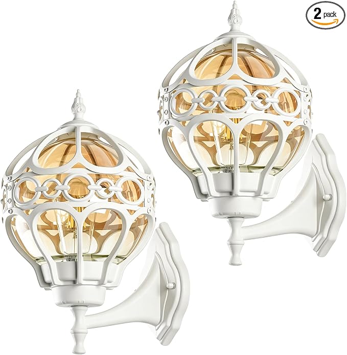 2 Pack White Globe Outdoor Wall Lights, Round Exterior Wall Sconce for Patio, Porch, Entryway, Anti-Rust Aluminum Wall Mount Lighting Fixture, Outside Wall Lantern with Amber Glass & Ornate Cage