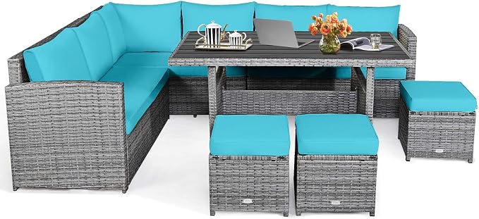 HAPPYGRILL 7 Pieces Rattan Wicker Patio Conversation Set, Outdoor Patio Furniture Set with Cushions, Rattan Sofa Set with Dining Table & Ottomans for Poolside Backyard Balcony Garden (Turquoise)