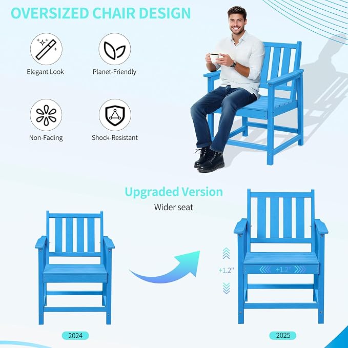 All-Weather Outdoor Chairs, HDPE Outdoor Dining Chair with Backrest and Armrest, 300 LBS Support Garden Patio Furniture Chairs for Poolside, Deck and Porch, Blue