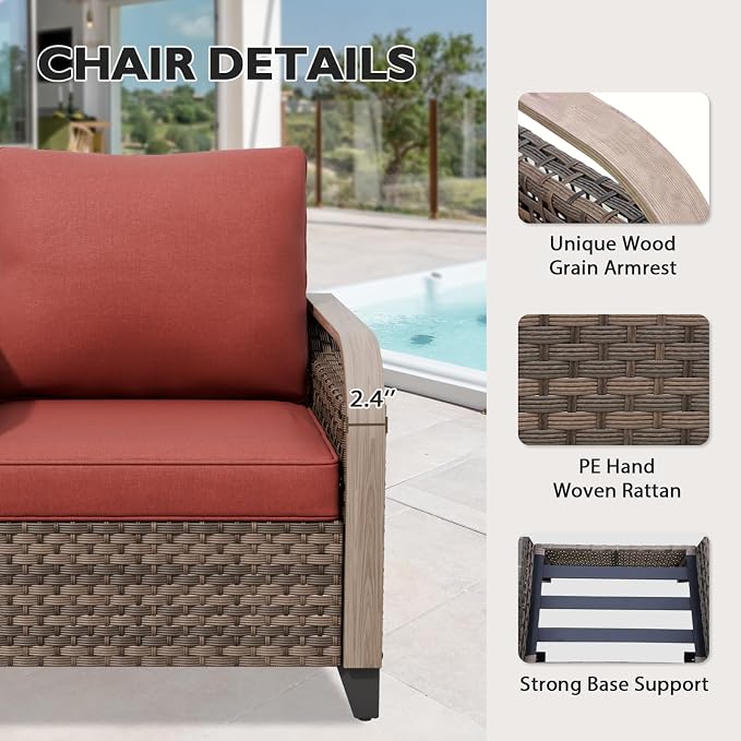 EAGLE PEAK Modern Wicker Outdoor Patio Furniture Set, Patio Conversation Set, 2 Chairs, 2-Seat Loveseat, 2 Ottomans and Coffee Table, 6 Pieces, Brown/Red