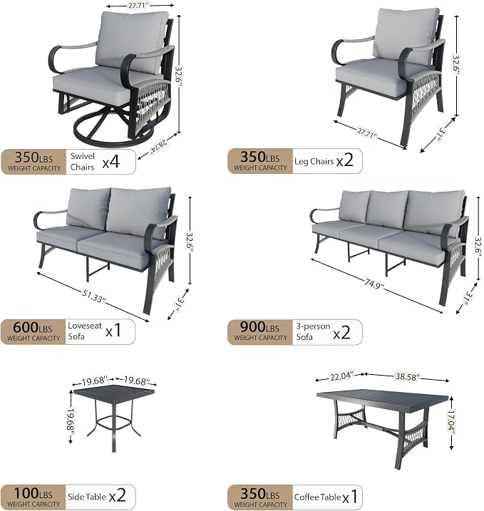 12 Pieces Patio Furniture Set, Metal Outdoor Conversation Sets with Swivel Chairs, Modern Couch Sofa Seating Group with Coffee Table and Side Table (Thick Gray Cushions)