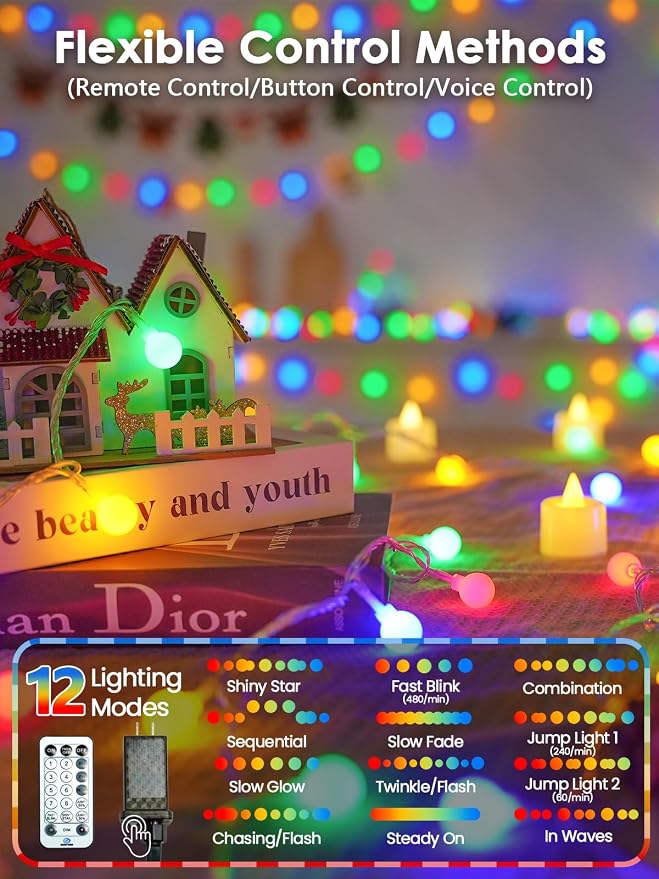 Connectable String Lights Indoor 100LED Smart Voice Controlled Fairy Lights | Multicolor 43FT Globe Light Plug in, 12 Modes, Timer & Remote, IP44 Waterproof, for Bedroom Classroom Christmas Room Decor