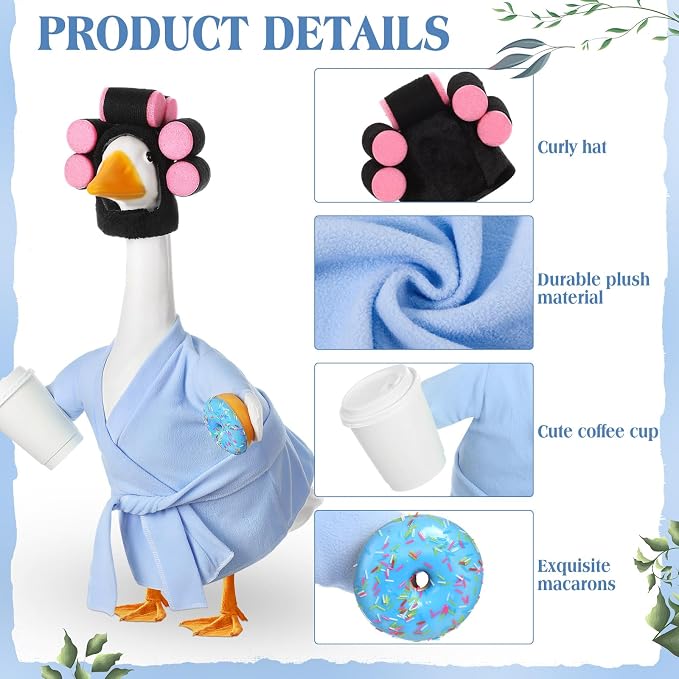 Shyyween Lady Porch Goose Outfits 23 Inch Light Blue Bathrobe Porch Goose Outfit with Curlers Coffee Cup Lawn Geese Clothes for Cement Plastic Statue