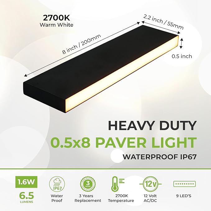 LUMENGY Paver Light Slim 0.5x8 Inch (0.55x7.87), 2700K Warm White, Glare-Free Linear Lighting for Driveways, Walkways and Paver Borders, 12V Hardwired, IP67 Waterproof, Drive-Over Rated