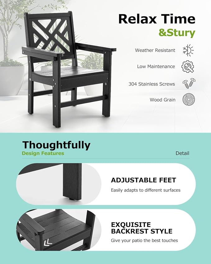 6 Piece HDPE Outdoor Dining Set for 4 Patio Dining Furniture Set with Umberlla Hole, Weather Resistent Outdoor Table and Chairs for Garden, Poolside, Backyard, Deck, Grey