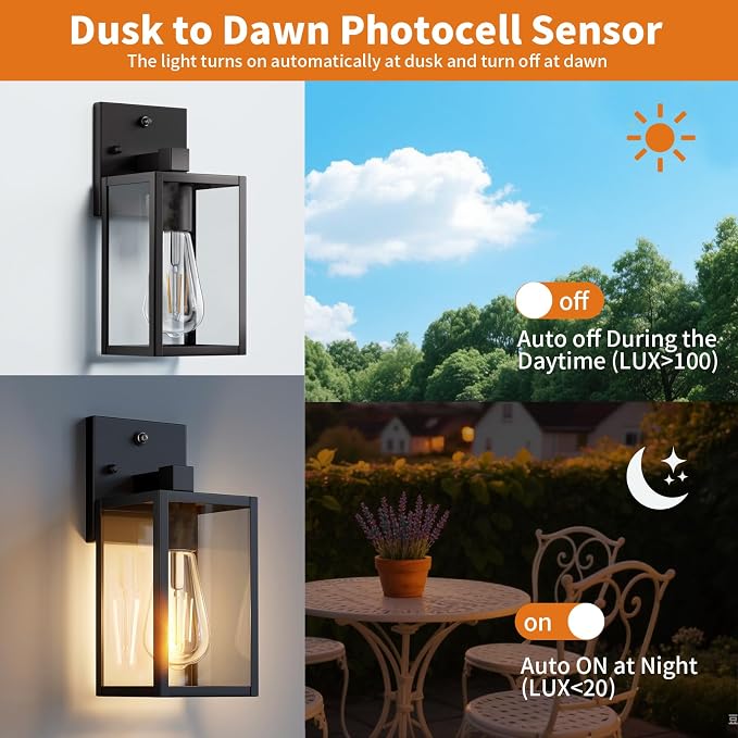 2 Pack Dusk to Dawn Exterior Lighting Fixtures Wall Mount, Sensor Outside Front Porch Lights for House, Outdoor Lantern Lamp, Waterproof Wall Sconce Lights, Black Coach Light for Garage Entryway