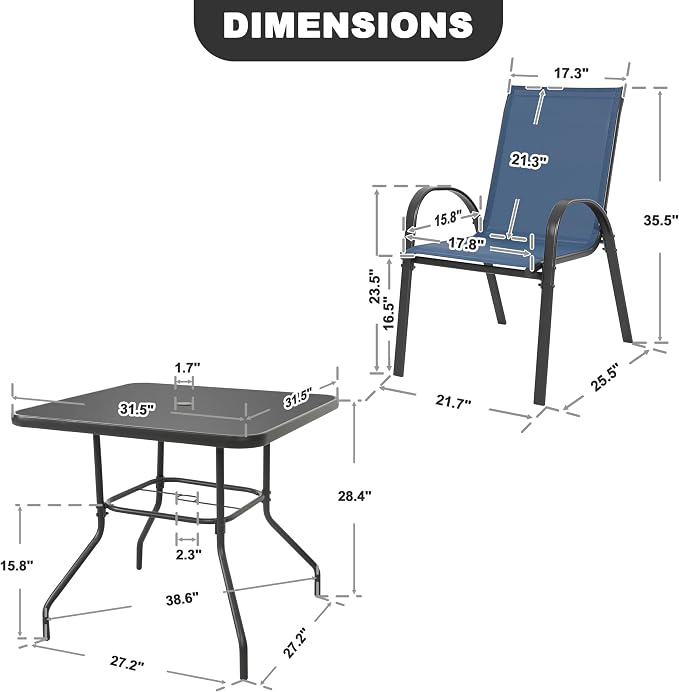 NUU GARDEN 5-Piece Patio Dining Set, Square Metal Table & Stackable Chairs | 31.5-inch square bistro table with built-in umbrella hole. 4 stackable lawn chairs with black and blue design