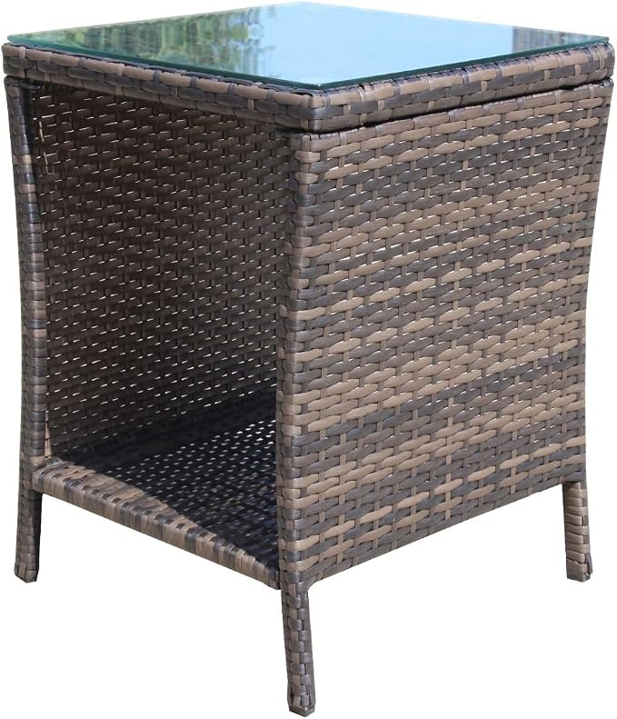 Rattan Side Table with Glass Top, Outdoor Wicker End Table for Patio, Porch, Garden, 19.25" Square, 21" Tall, 120 Lbs Capacity, Weather-Resistant PE Rattan, Easy Assembly