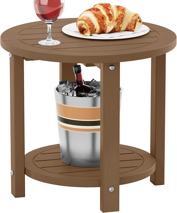 YEFU Outdoor Side Table for Patio: 16in HIPS Small Round Outdoor End Table - 2-Tier Adirondack Tables for Patio Porch Yard Poolside Living Room Beach Bedroom (Teak, 1 Pack)