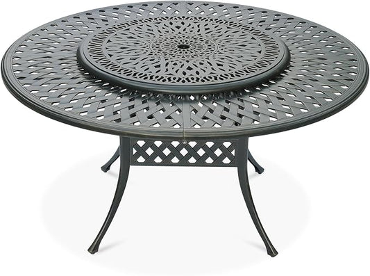 VIVIJASON Outdoor 61" Patio Dining Table for 6-8 Person, Large Patio Round Dining Table with 35.4" Lazy Susan, Dark Bronze Cast Aluminum Rustic Patio Table W/Umbrella Hole for Balcony, Porch and Deck