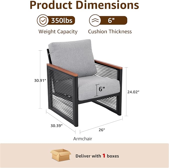 NATURAL EXPRESSIONS Aluminum Outdoor Furniture Armchair, Patio Chairs Set of 2 with Fauxwood Armrest, 6" Olefin Cushion, Rattan Side-armrest, All-Weather Outside Chair for Porch, Yard, Balcony, Deck