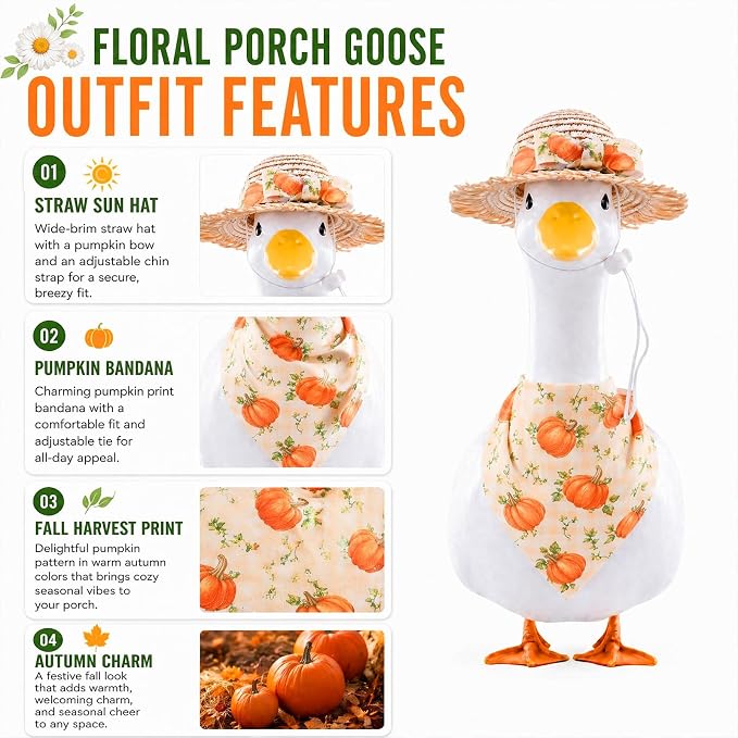 2Pcs Fall Outfit for Porch Goose - Autumn Plaid Pumpkin Bowknot Straw Hat with Bib Accessories for 23'' Cement Statue, Garden Lawn Thanksgiving Halloween Outdoor Decoration
