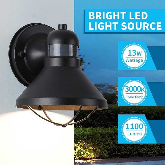 Dusk to Dawn Motion Sensor Outdoor LED Porch Wall Light Fixture | Exterior Barn Lantern Black Farmhouse Sconce Lighting Rustic Wall Mount Lamp for Garage Patio Balcony Entryway Doorway
