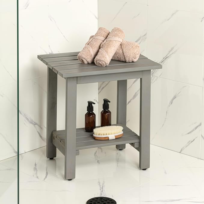 JONATHAN Y Kellie 16" Modern Gray Acacia Wood Outdoor Side Table with 2-Tier Storage, Weather-Resistant Rectangular Slatted End Table for Patio, Garden, Deck, and Porch END6001G