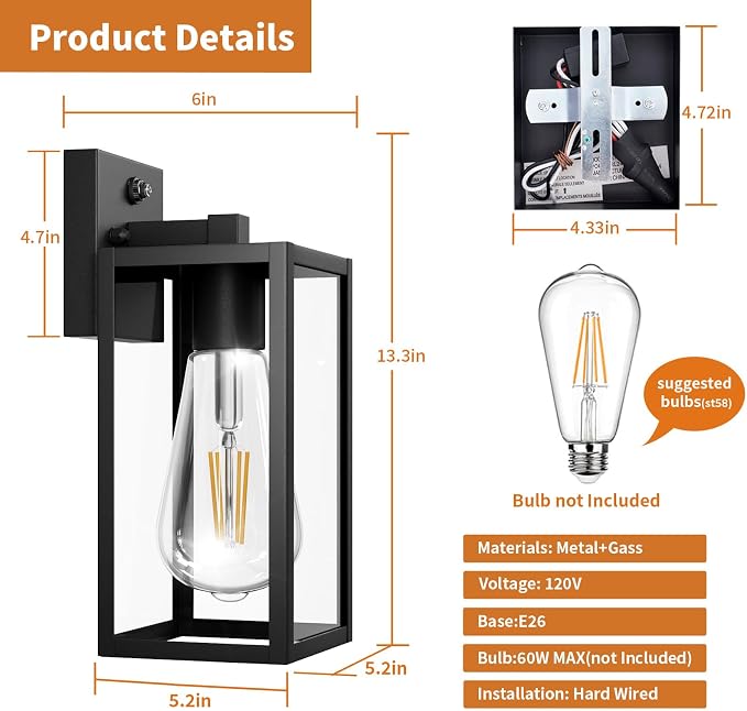 2 Pack 13‘’ Dusk to Dawn Outdoor Wall Light Fixture, Large Front Porch Lights for House, Exterior Wall Sconce, Black Waterproof Lantern Lamp,Outside Coach Light for Garage Entryway Yard