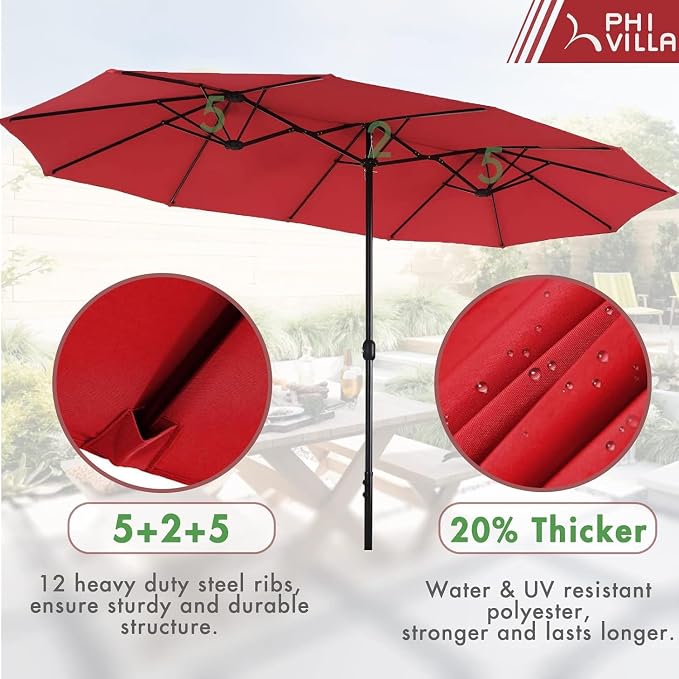 PHI VILLA Outdoor Table Chairs Set w/Umbrella, Patio Metal Furniture for 6 | 60" wrought iron rectangle table & stackable chairs w/ cushions. 13ft red umbrella. 7 pcs furniture set for deck, porch