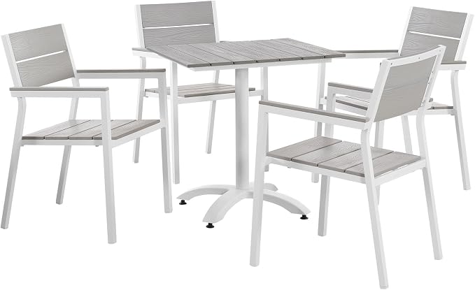Modway Maine 5-Piece Aluminum Dining Table and Chair Outdoor Patio Set in White Light Gray