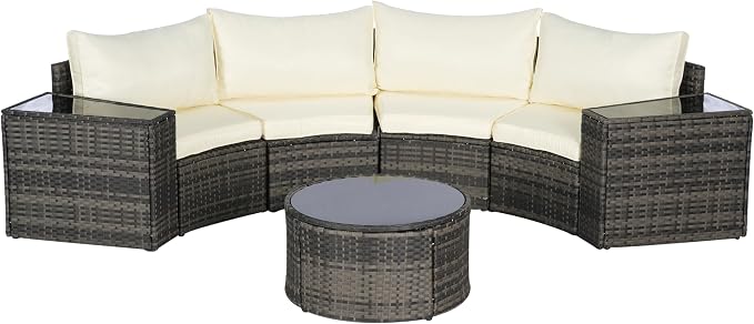 Eafurn 7 Pieces Outdoor Patio Conversation Furniture Sets All Weather Wicker PE Rattan Half-Moon Curved Sectional Sofa with Round Coffee Table, 4 Pillows & Waterproof Cover for Backyard