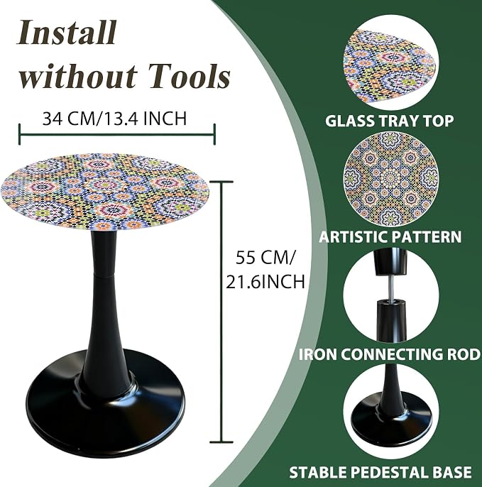 13.4" Outdoor Side Table, Round Patio Bistro Table Printed Tempered Glass Top, Waterproof Rust-Proof Base, Small Plant Stand for Balcony, Garden, Deck, 21.6" H (Morocco)