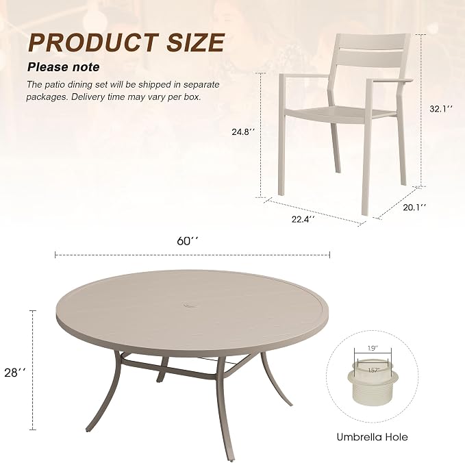 VICLLAX Patio 11 Pieces Outdoor Dining Set, Wrought Iron Metal Outdoor Table and Chairs Set, 60" Round Table with Umbrella Hole and 8 Stackable Chairs for Lawn, Garden, Porch, Sandshell