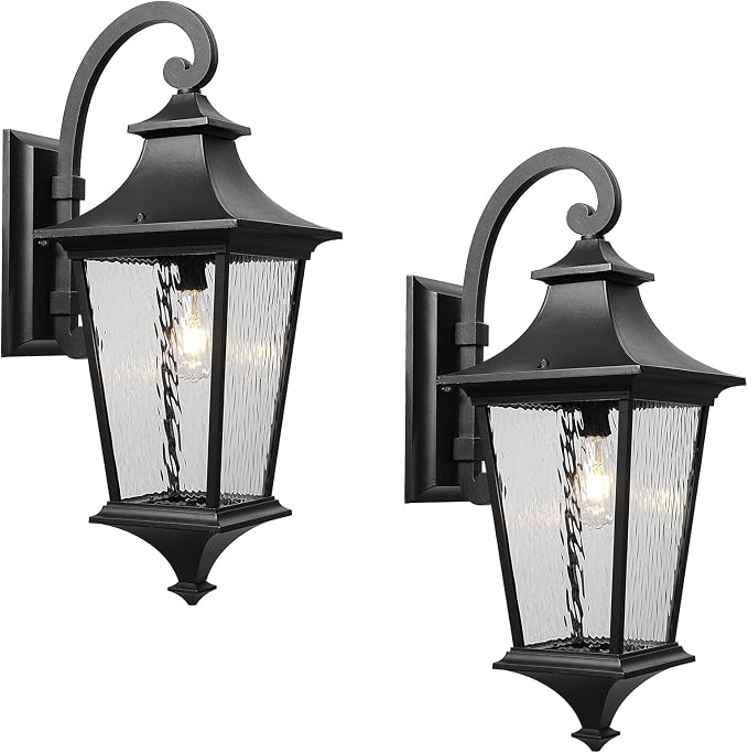 Modern Outside Lights for House 14.6 Inch 2-Pack Porch Light Outdoor with Water Ripple Glass Black Exterior Light Fixtures E26 Socket Downward Installation