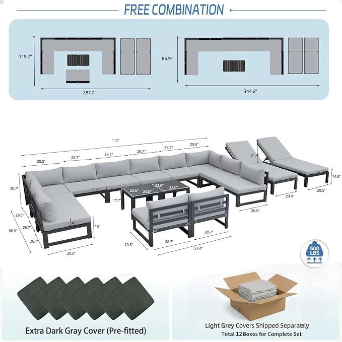 NICESOUL 14-Person Luxury Aluminum Outdoor Sectional Sofa Set with Chaise, 500lbs Heavy Duty Modular Patio Furniture, 29" Wide Deep Seating All-Weather Conversation Set for Poolside, Light Gray