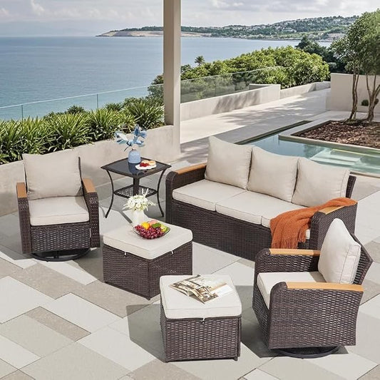 6 Piece Wicker Patio Furniture Set Outdoor Conversation Set with PE Rattan Sectional Sofa and Swivel Chairs for Indoor and Outdoor Spaces