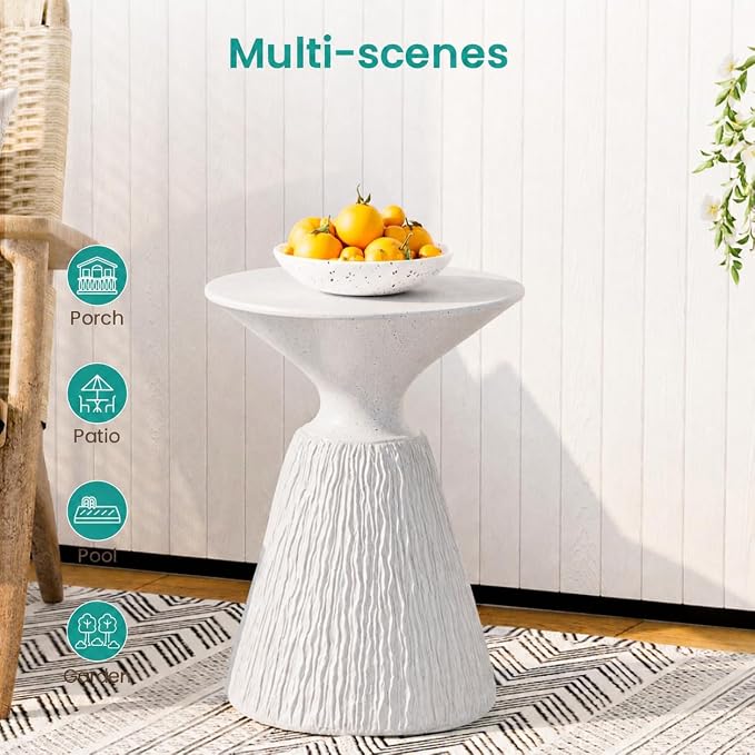 SUNBURY Outdoor Side Table, Round Concrete Side Table, Mushroom End Table for Plant Stand, Modern Accent Table, Marble Garden Stool for Patio, Poolside, Spotted White