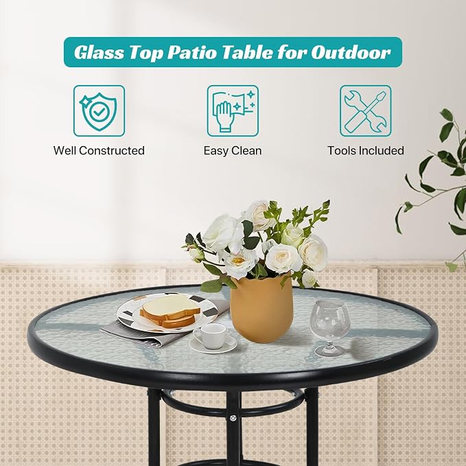 32" Round Outdoor Dining Table - Tempered Glass Top with Umbrella Hole, Weather-Resistant Metal Patio Table for Backyard, Poolside, Balcony, Garden - Black