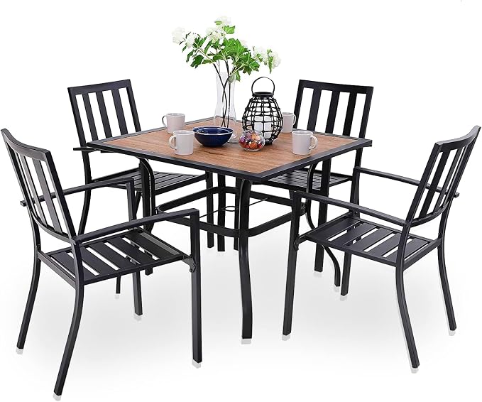 PHI VILLA Patio Dining Set,4 Stackable Chairs& 37" Square Metal Table | Outside Furniture Set for Patio, Deck, Backyard, Porch