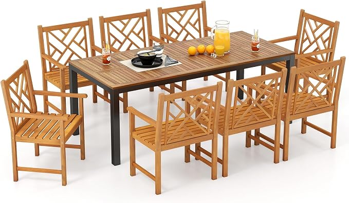 Tangkula 9 Piece Outdoor Dining Set, Outdoor Rectangular Patio Table with Umbrella Hole & Heavy-Duty Metal Frame and 8 Acacia Wood Armchairs, for Porch, Garden, Backyard, Balcony