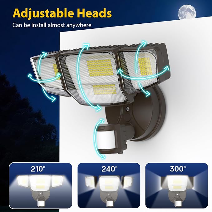 90W Motion Sensor Outdoor Lights, 10000LM LED Flood Light Outdoor with 4 Adjustable Heads, 6500K Daylight, Dusk to Dawn, IP65 Waterproof Security Light for Garage, Yard, Porch, Front Door