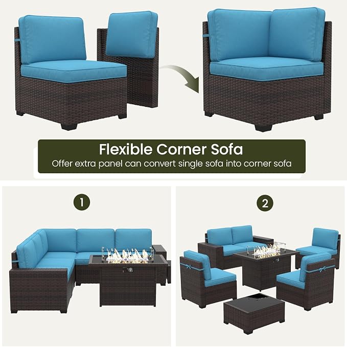 LayinSun 13 Pieces Outdoor Patio Furniture Set with 44" Fire Pit Table Brown Rattan Sectional Sofa Conversation Sets