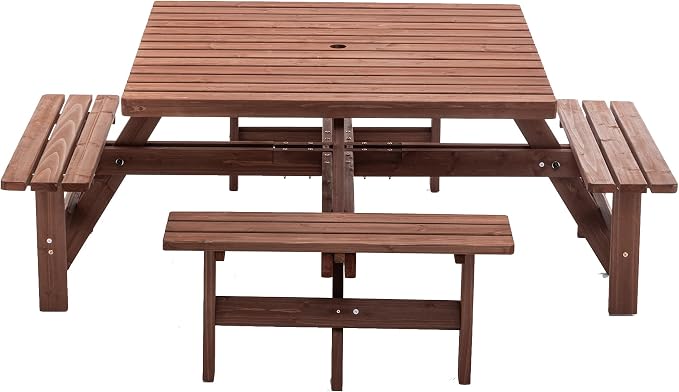 8 Person Picnic Table Square Outdoor Dining Table with Umbrella Hole,4 Built-in Benches,Wooden Outside Picnic Tables and Bench Set for Garden,Patio, Backyard,2220LBS Total Capacity,Brown