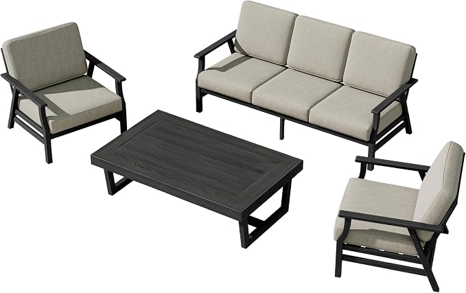 4 Pieces Patio Furniture Sets, Black Wood Outdoor Sectional Furniture with Coffee Table, 5 Seats Patio Sofa Couch Conversation Set for Backyard Deck - Light Camel