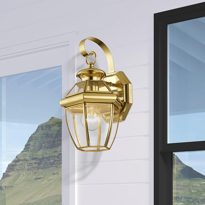 Livex Lighting 2051-02 Monterey 1-Light Wall Lantern, Polished Brass | Clear Beveled Glass; Solid brass construction